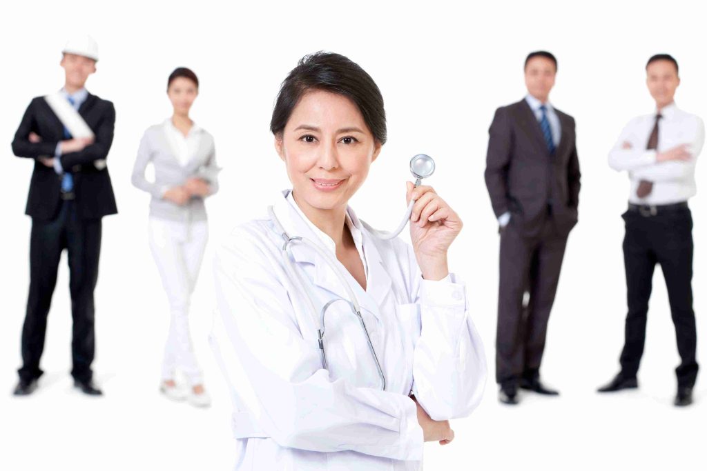 female doctor with different people at her back