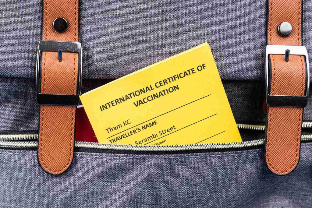 Backpack showing international certificate of vaccination card.